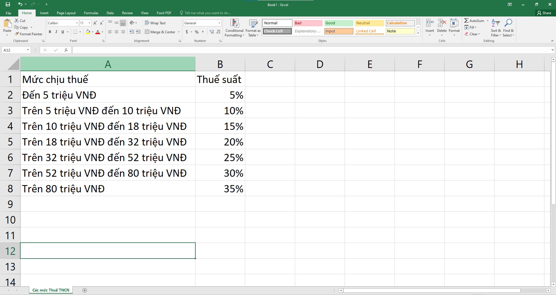 hàm excel tính thuế tncn