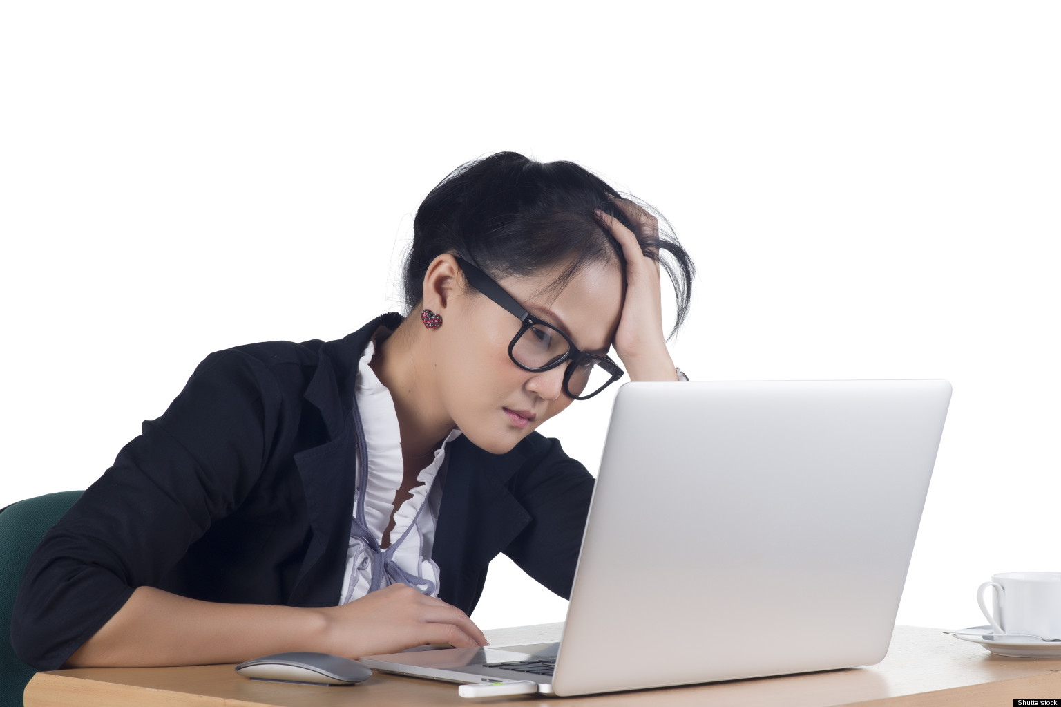 Very boring. Сток казах стресс. Bored Business woman working on Laptop looking very boring at the Computer isolated White background. Very boring foto.